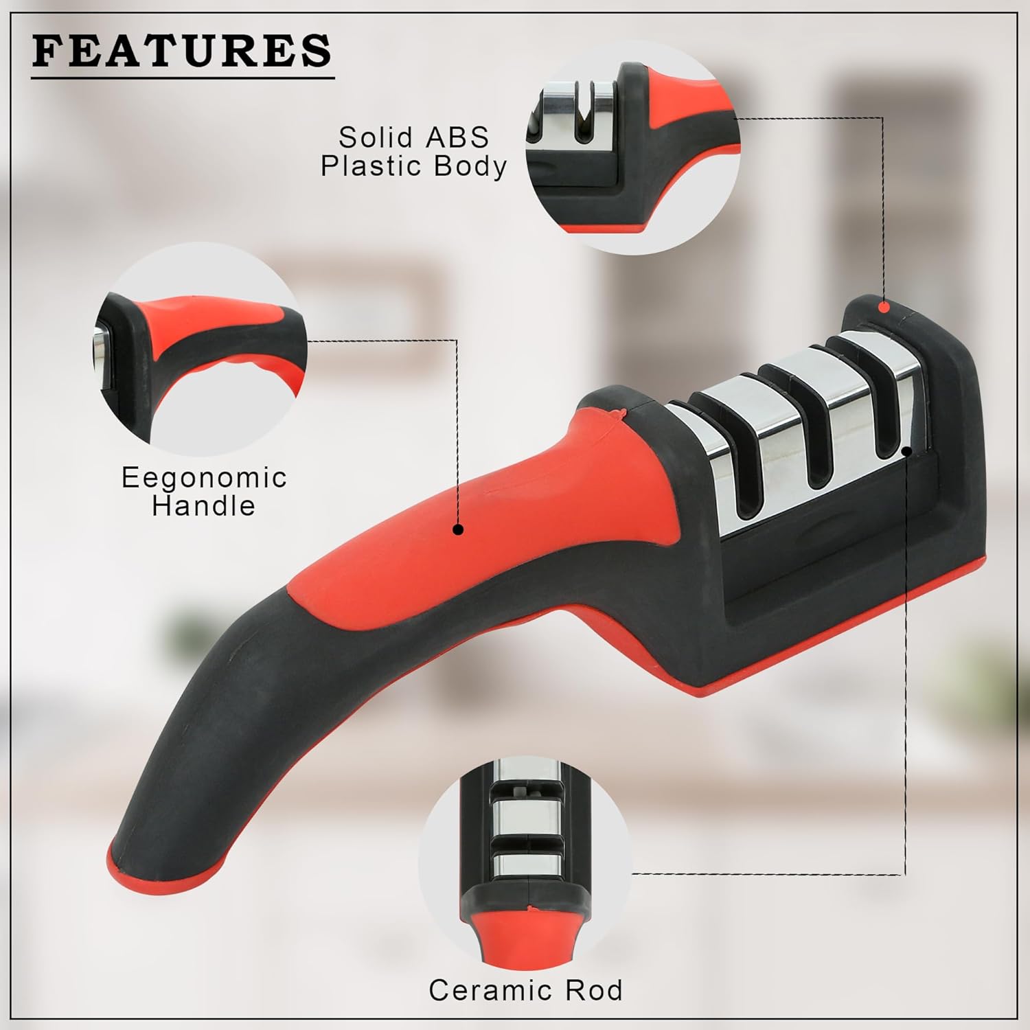 3 in 1 Knife Sharpener with Easy-Grip Handle and Non-Slip Rubber Base