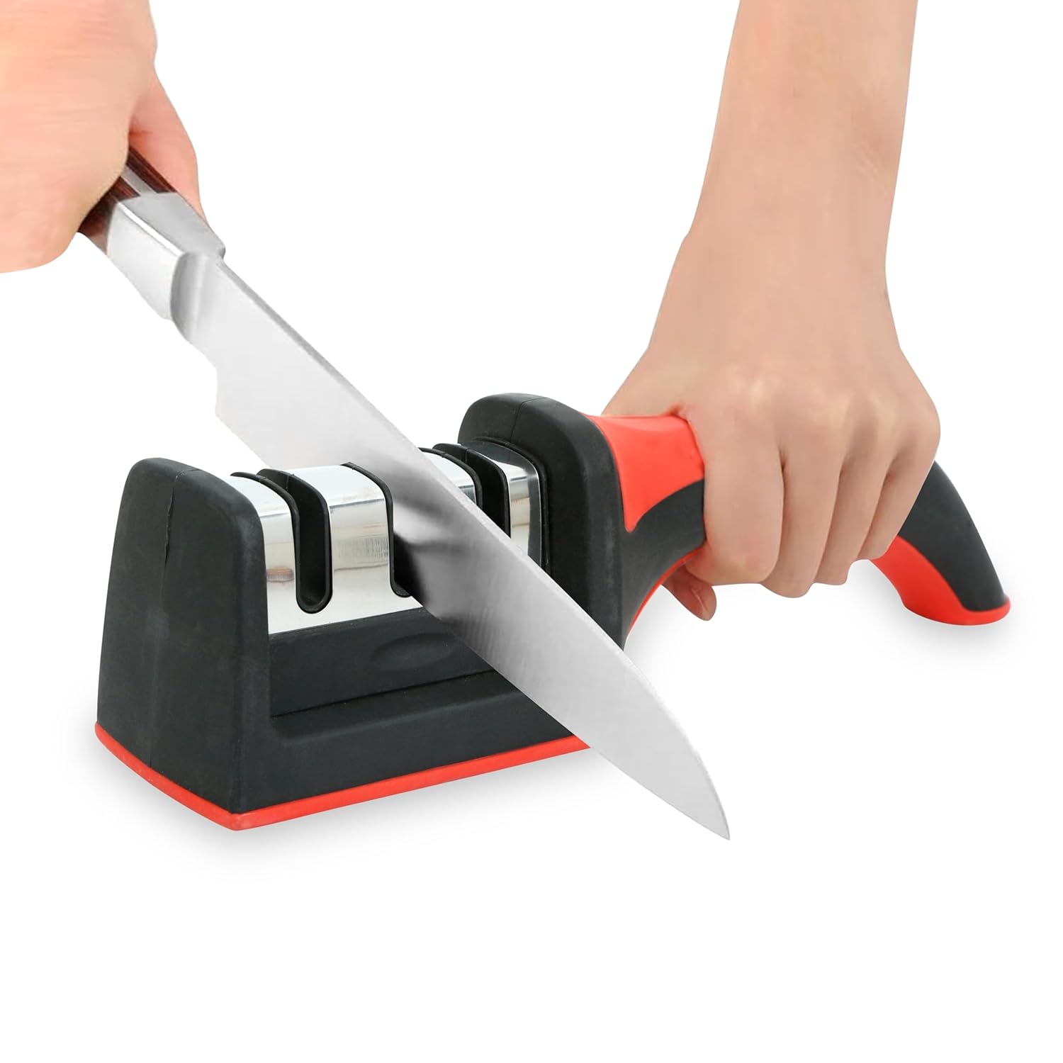 3 in 1 Knife Sharpener with Easy-Grip Handle and Non-Slip Rubber Base